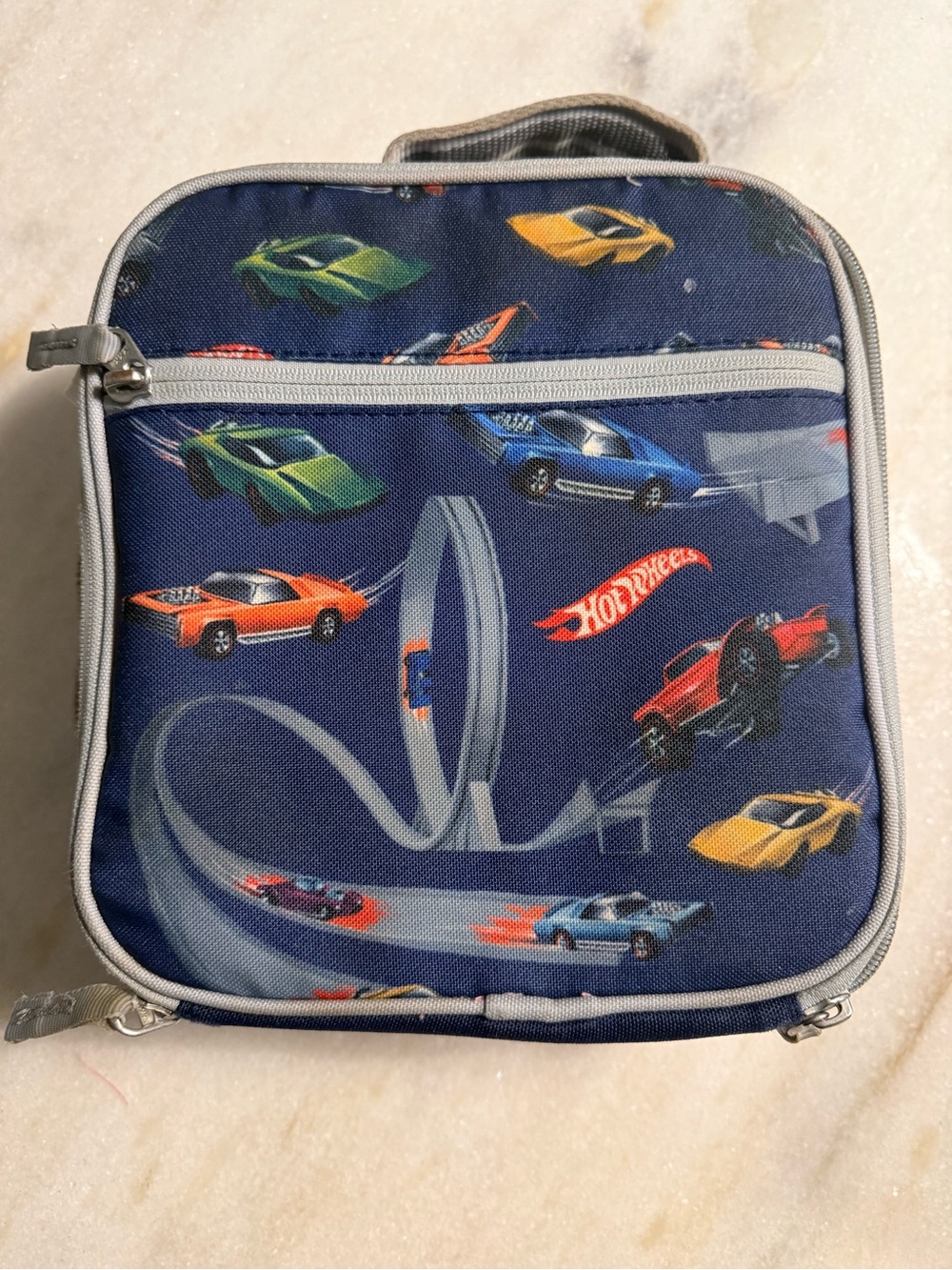 Pottery barn kids Navy Blue Kids Lunch Bag with hot wheels Race Car Print
